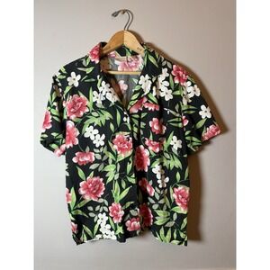 ERIKA Hawaiian Floral Blouse Button Shirt Petite PS Short Slvs. Cotton Rayon VTG